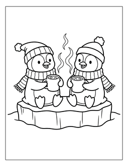 11. Penguins drinking hot cocoa.  Penguin coloring page, penguin coloring sheet, color, coloring page, penguin, printable, free, book, pictures to color, easy, children, adult, print, download, pdf.