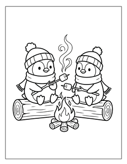19. Penguins roasting marshmallows. Penguin coloring page, penguin coloring sheet, color, coloring page, penguin, printable, free, book, pictures to color, easy, children, adult, print, download, pdf.