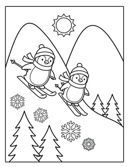 4. Penguins skiing coloring sheet. Penguin coloring page, penguin coloring sheet, color, coloring page, penguin, printable, free, book, pictures to color, easy, children, adult, print, download, pdf.