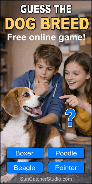 Free online dog breed guessing game showing a photo of a dog with multiple-choice options for identifying the breed.