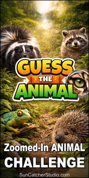 Guess the Animal game showing close-up animal details connected to full animals, including a tiger, giraffe, toucan, peacock, and other wildlife.