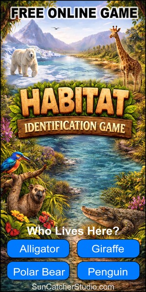 Free habitat identification game showing a natural environment image with multiple-choice answers for interactive learning.