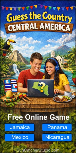 Interactive Central America geography quiz game where users guess countries by map outline.