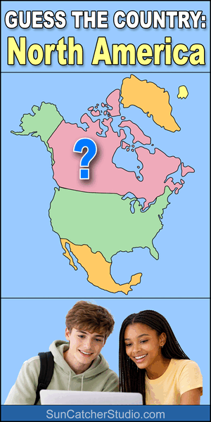 Interactive North America geography quiz game where users guess countries and territories by map outline.