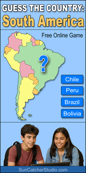 Interactive South America geography quiz game where users guess countries and territories by map outline.