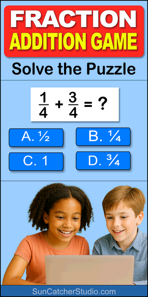 Free online interactive fraction addition game that helps students practice math skills through engaging quizzes, visual learning activities, and DIY hands-on problem solving.