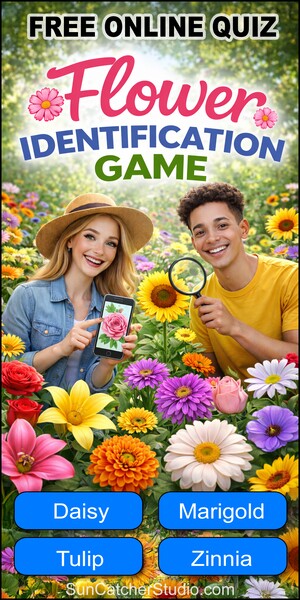 Free online flower identification game showing a photo of a flower with multiple-choice buttons for identifying the correct flower name in an interactive quiz format.