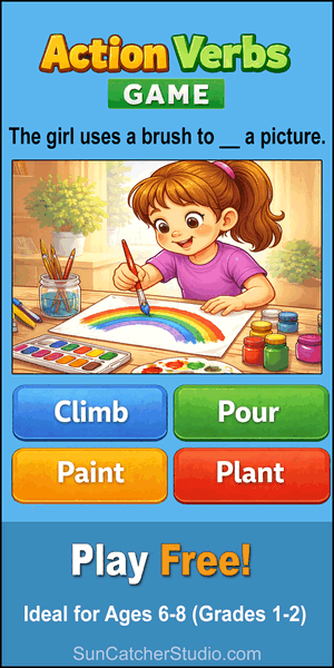 Free action verbs beginner game showing a sentence with a blank, an action picture, 
  and four multiple-choice verb answers.