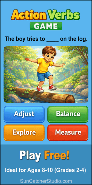 Free action verbs intermediate game showing a sentence with a blank, 
  an action picture, and four multiple-choice verb answers.