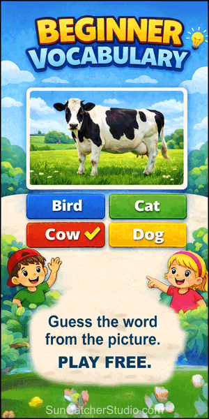 Free online beginner vocabulary learning quiz showing a picture-based question with multiple-choice word answers for early learners.