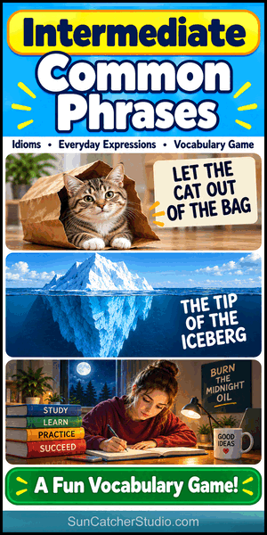 Free Intermediate Common Phrases and idioms vocabulary game with pictures, figurative expressions, and multiple-choice phrase meanings.