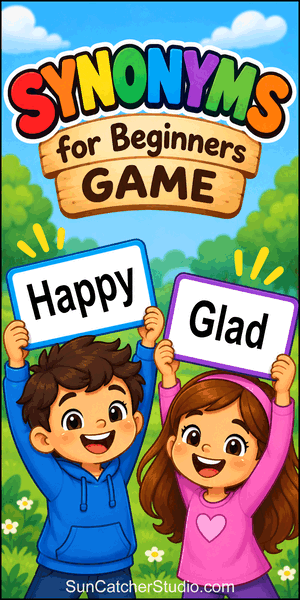 Synonyms for Beginners vocabulary learning game for kids and students, synonym words, English vocabulary practice, and word learning activity.