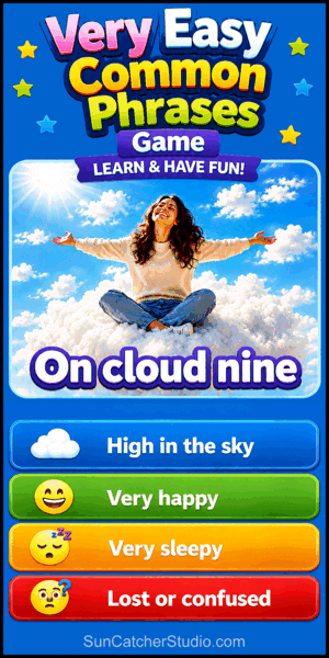 Free very easy common phrases and idioms vocabulary game with pictures, everyday expressions, sayings, and multiple-choice meanings.