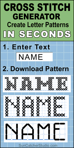 Free cross stitch letter generator, font, cross stitch alphabet pattern, needlepoint, lettering,  
canvas work, hand embroidery, DIY arts and crafts.