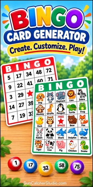 Free printable Bingo Card Generator, number bingo cards, picture bingo cards, animals, kids, classrooms, parties, and educational games.