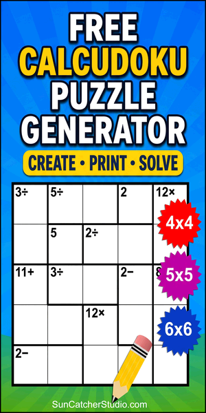 Calcudoku puzzle generator with printable math puzzles and answer keys for students, teachers, and puzzle fans.