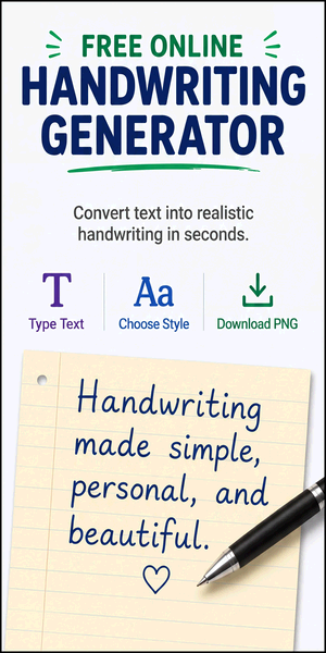 Convert text into realistic handwriting styles online, DIY, customizable fonts, 
paper styles, and PNG downloads.