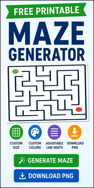 Free printable maze generator, adjustable colors, line widths, downloadable maze puzzles, DIY maze creation for teachers and students.