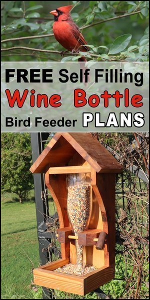 Free DIY wine bottle bird feeder plans and dimensions.  Homemade or handmade hanging or platform glass liquor bottle bird feeder plans made using wood.