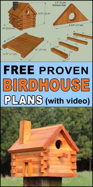 Free bird house plans to create a log cabin bird nesting box.  Free DIY homemade instructions, directions and measurements to create a wooden bird box for bluebirds, wrens, chickadees, nuthatches, woodpeckers, house finches.