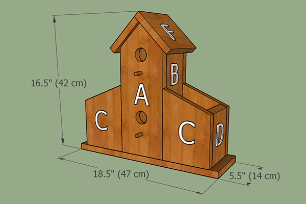 Bird house planter plans, 3d model, dimensions, View #1.