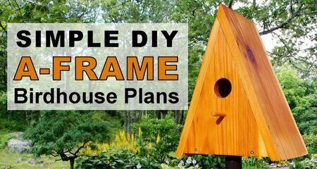 Simple bird house plans, a-frame, bird nesting box, free, DIY, homemade instructions, directions and measurements to create a wooden bird box for bluebirds, wrens, chickadees, nuthatches, woodpeckers, house finches.