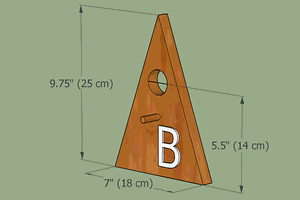 A-frame bird house plans front piece with entrance hole, 3D model with dimensions.