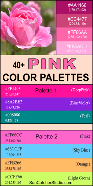 Pink color palettes, pink color combinations, color palettes, color schemes, eye-catching, DIY, trendy, best, popular, complementary, stylish, modern, creative, inspire, design.
