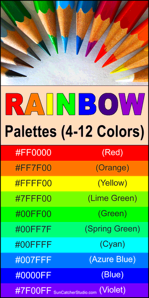 Rainbow color palette, rainbow color scheme, color spectrum, color wheel, vibrant, muted, pastel, DIY, bold, hues, color combinations, ROYGBIV, eye-catching, trendy, complementary, creative, inspire, design.