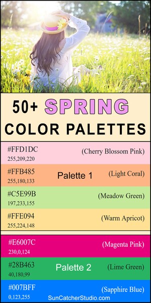 Spring color palette, spring color scheme, HEX color codes for spring, RGB color codes for spring, DIY, fresh spring hues, light, warm, vibrant, bright, cool, color combinations, eye-catching, trendy, best, popular, complementary, stylish, modern, creative, inspire, design.