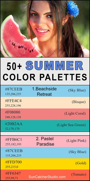Summer color palette, summer color scheme, HEX color codes for summer, RGB color codes for summer, DIY,  fresh summer hues, light, warm, vibrant, bright, cool, color combinations, eye-catching, trendy, best, popular, complementary, stylish, modern, creative, inspire, design.