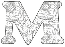 Free printable M - coloring letter.abc alphabet colouring coloring letter coloring sheet with pattern for kids and adults stencil, thick pattern typeface bold download svg, png, pdf, jpg pattern.