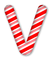 V - Christmas font. 3D Christmas, font, free, peppermint, stripes, candy cane, printable alphabet, letter, number, ornament, holiday, decoration, pattern, template, clipart design, vector, svg.