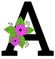 Letter A with flowers. Flower font, floral, letter, free printable alphabet letter and numbers, typeface, style, stencil, pattern, template, clipart, DIY, homemade, back to school, bulletin board, vector, svg.