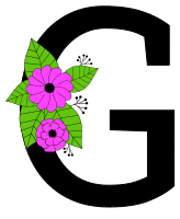Letter G with flowers. Flower font, floral, letter, free printable alphabet letter and numbers, typeface, style, stencil, pattern, template, clipart, DIY, homemade, back to school, bulletin board, vector, svg.