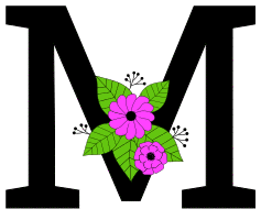 Letter M with flowers. Flower font, floral, letter, free printable alphabet letter and numbers, typeface, style, stencil, pattern, template, clipart, DIY, homemade, back to school, bulletin board, vector, svg.