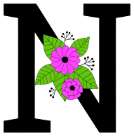 Letter N with flowers. Flower font, floral, letter, free printable alphabet letter and numbers, typeface, style, stencil, pattern, template, clipart, DIY, homemade, back to school, bulletin board, vector, svg.