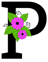 Letter P with flowers. Flower font, floral, letter, free printable alphabet letter and numbers, typeface, style, stencil, pattern, template, clipart, DIY, homemade, back to school, bulletin board, vector, svg.
