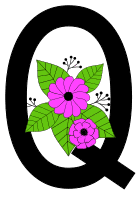 Letter Q with flowers. Flower font, floral, letter, free printable alphabet letter and numbers, typeface, style, stencil, pattern, template, clipart, DIY, homemade, back to school, bulletin board, vector, svg.
