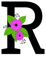 Letter R with flowers. Flower font, floral, letter, free printable alphabet letter and numbers, typeface, style, stencil, pattern, template, clipart, DIY, homemade, back to school, bulletin board, vector, svg.