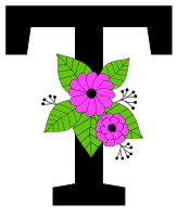 Letter T with flowers. Flower font, floral, letter, free printable alphabet letter and numbers, typeface, style, stencil, pattern, template, clipart, DIY, homemade, back to school, bulletin board, vector, svg.