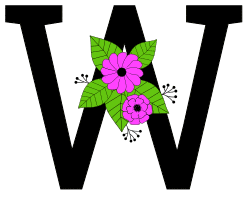 Letter W with flowers. Flower font, floral, letter, free printable alphabet letter and numbers, typeface, style, stencil, pattern, template, clipart, DIY, homemade, back to school, bulletin board, vector, svg.