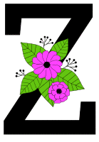 Letter Z with flowers. Flower font, floral, letter, free printable alphabet letter and numbers, typeface, style, stencil, pattern, template, clipart, DIY, homemade, back to school, bulletin board, vector, svg.