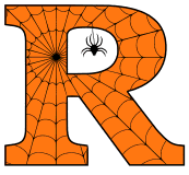 Free printable R - Halloween font. Alphabet clipart, spooky, font, stencil coloring page sheet, template with spider and cob web pattern digital download.