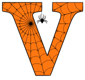Free printable V - Halloween font. Alphabet clipart, spooky, font, stencil coloring page sheet, template with spider and cob web pattern digital download.