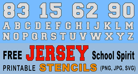 FREE printable JERSEY numbers, font, letters, and alphabet stencils for athletic sports, uniforms, and high school spirit.  Slab-serif, svg, png, jpg formats.