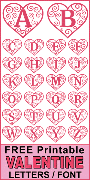 DIY Printable Valentines Day Hearts (Monogram Stencils and Patterns).  Use these letter and number clip art, templates, designs for decorations, Cricut cutting machines, coloring pages and sheets.