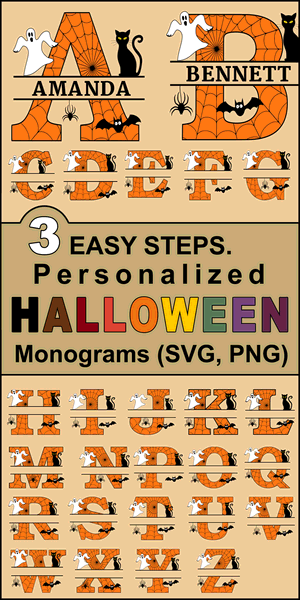 Free Halloween Monogram Clip art Alphabet letters that you can personalize or customize with your name.  Use the online monogram generator to create SVG, PNG, JPG designs for Cricut and Silhouette, Cut Files