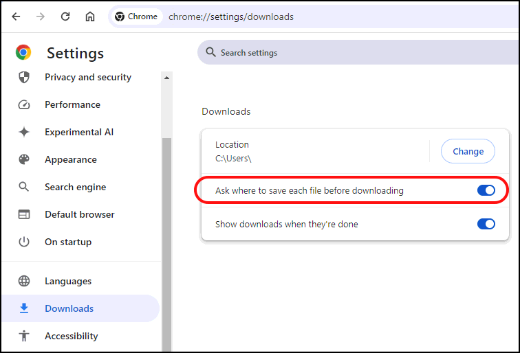 How to specify download location - Chrome browser.