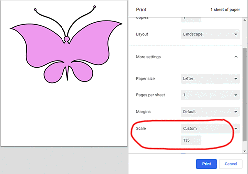 Google Chrome (browser) - How to scale a pattern or an image when printing. (CLICK TO ENLARGE)